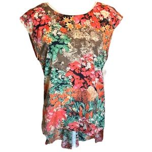 M M Couture colorful floral print high low blouse size medium
